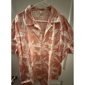 Andy Mens XL Short Sleeve Button Down Tropical Palm Leaf Camp Shirt Salmon Pink‎